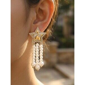 Gold-Tone Crystal Star & Pearl Tassel Earrings-4th of July-Stainless Steel